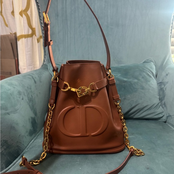 Dior Handbags - Dior Brown Leather Bucket Bag with Gold Chain Accents